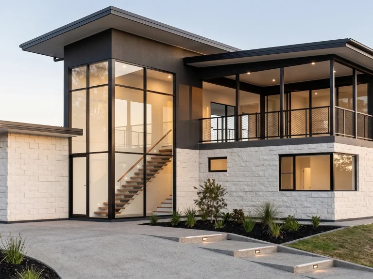 Contemporary two-storey home with limestone-look block cladding and glass stairwell feature in Frenchville